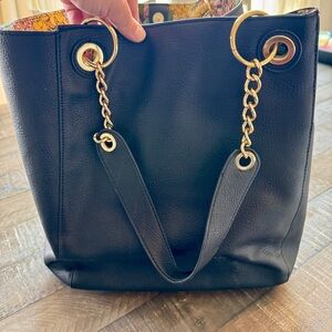 Steven Madden Black Large Tote Shoulder Bag with Floral Scarf, Gold Accents